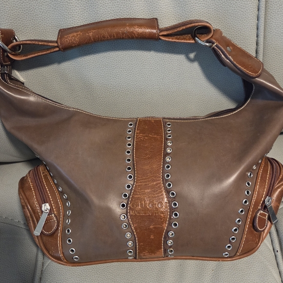 Gucci Handbags - Gucci Brown Two-Tone Leather Hobo with Silver Eyelet Trim